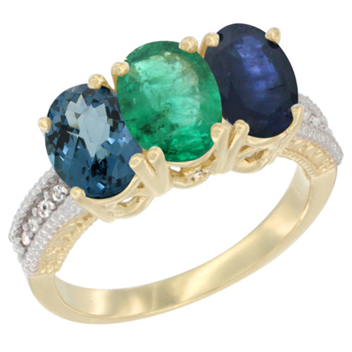 14K Yellow Gold Natural London Blue Topaz, Emerald & Blue Sapphire Ring 3-Stone 7x5 mm Oval Diamond Accent, sizes 5 - 10