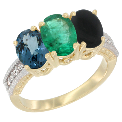 14K Yellow Gold Natural London Blue Topaz, Emerald & Black Onyx Ring 3-Stone 7x5 mm Oval Diamond Accent, sizes 5 - 10