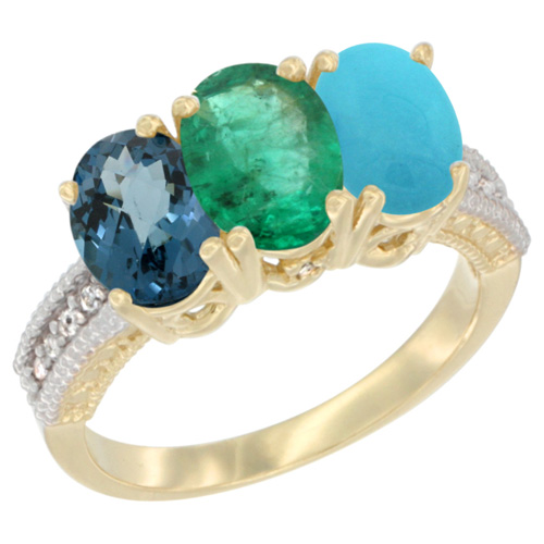 14K Yellow Gold Natural London Blue Topaz, Emerald & Turquoise Ring 3-Stone 7x5 mm Oval Diamond Accent, sizes 5 - 10