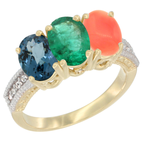 14K Yellow Gold Natural London Blue Topaz, Emerald & Coral Ring 3-Stone 7x5 mm Oval Diamond Accent, sizes 5 - 10