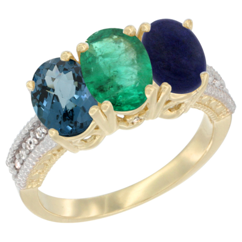14K Yellow Gold Natural London Blue Topaz, Emerald & Lapis Ring 3-Stone 7x5 mm Oval Diamond Accent, sizes 5 - 10