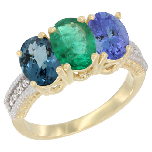 14K Yellow Gold Natural London Blue Topaz, Emerald & Tanzanite Ring 3-Stone 7x5 mm Oval Diamond Accent, sizes 5 - 10