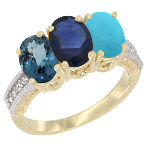 10K Yellow Gold Diamond Natural London Blue Topaz, Blue Sapphire & Turquoise Ring 3-Stone Oval 7x5 mm, sizes 5 - 10