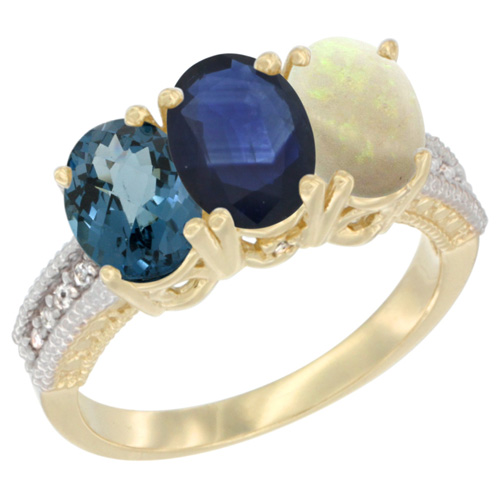 10K Yellow Gold Diamond Natural London Blue Topaz, Blue Sapphire & Opal Ring 3-Stone Oval 7x5 mm, sizes 5 - 10