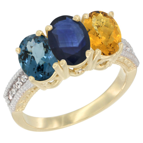 10K Yellow Gold Diamond Natural London Blue Topaz, Blue Sapphire & Whisky Quartz Ring 3-Stone Oval 7x5 mm, sizes 5 - 10