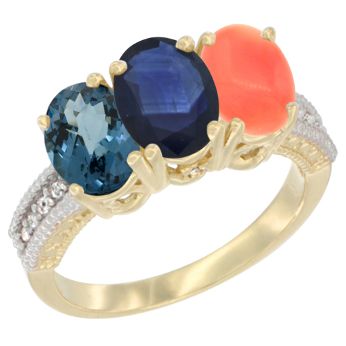 10K Yellow Gold Diamond Natural London Blue Topaz, Blue Sapphire & Coral Ring 3-Stone Oval 7x5 mm, sizes 5 - 10