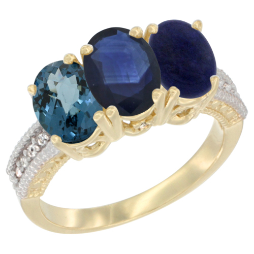 10K Yellow Gold Diamond Natural London Blue Topaz, Blue Sapphire & Lapis Ring 3-Stone Oval 7x5 mm, sizes 5 - 10