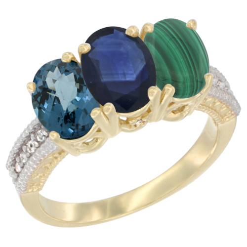 10K Yellow Gold Diamond Natural London Blue Topaz, Blue Sapphire & Malachite Ring 3-Stone Oval 7x5 mm, sizes 5 - 10