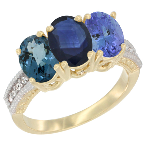 10K Yellow Gold Diamond Natural London Blue Topaz, Blue Sapphire & Tanzanite Ring 3-Stone Oval 7x5 mm, sizes 5 - 10