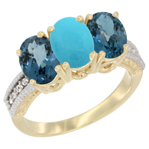 10K Yellow Gold Diamond Natural Turquoise & London Blue Topaz Ring 3-Stone Oval 7x5 mm, sizes 5 - 10