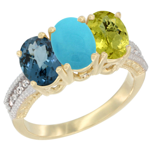 10K Yellow Gold Diamond Natural London Blue Topaz, Turquoise & Lemon Quartz Ring 3-Stone Oval 7x5 mm, sizes 5 - 10