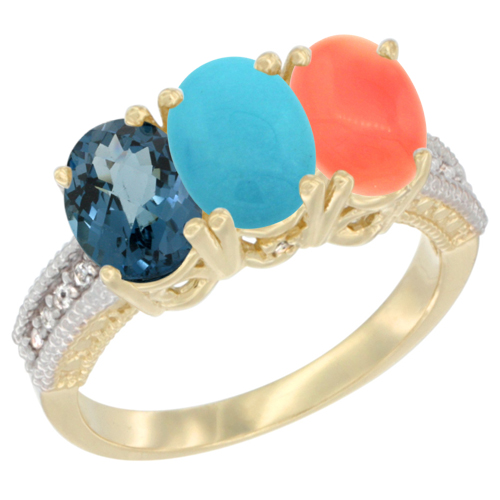 10K Yellow Gold Diamond Natural London Blue Topaz, Turquoise & Coral Ring 3-Stone Oval 7x5 mm, sizes 5 - 10