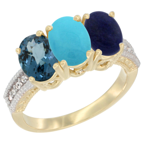 10K Yellow Gold Diamond Natural London Blue Topaz, Turquoise & Lapis Ring 3-Stone Oval 7x5 mm, sizes 5 - 10