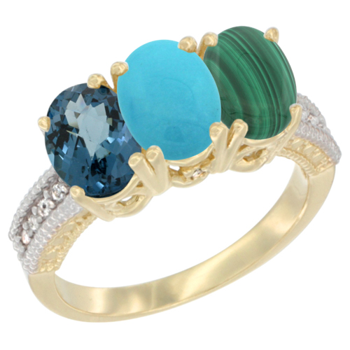 10K Yellow Gold Diamond Natural London Blue Topaz, Turquoise & Malachite Ring 3-Stone Oval 7x5 mm, sizes 5 - 10