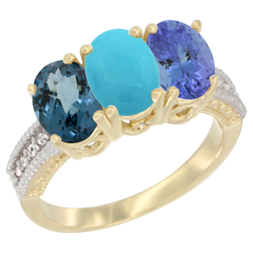 10K Yellow Gold Diamond Natural London Blue Topaz, Turquoise & Tanzanite Ring 3-Stone Oval 7x5 mm, sizes 5 - 10