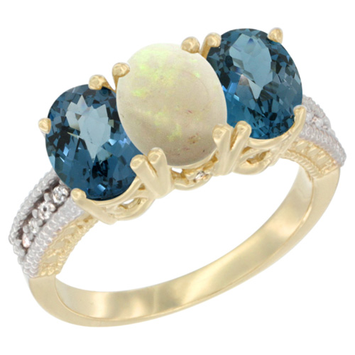 14K Yellow Gold Natural Opal & London Blue Topaz Sides Ring 3-Stone 7x5 mm Oval Diamond Accent, sizes 5 - 10