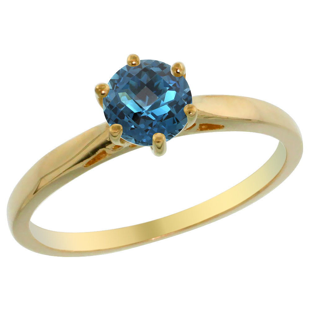 14K Yellow Gold Natural London Blue Topaz Solitaire Ring Round 5mm, sizes 5 - 10