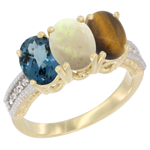 14K Yellow Gold Natural London Blue Topaz, Opal & Tiger Eye Ring 3-Stone 7x5 mm Oval Diamond Accent, sizes 5 - 10