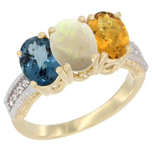 14K Yellow Gold Natural London Blue Topaz, Opal & Whisky Quartz Ring 3-Stone 7x5 mm Oval Diamond Accent, sizes 5 - 10