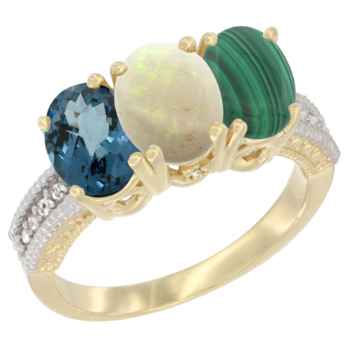 14K Yellow Gold Natural London Blue Topaz, Opal & Malachite Ring 3-Stone 7x5 mm Oval Diamond Accent, sizes 5 - 10