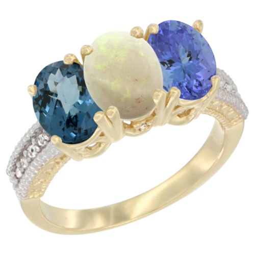 14K Yellow Gold Natural London Blue Topaz, Opal & Tanzanite Ring 3-Stone 7x5 mm Oval Diamond Accent, sizes 5 - 10