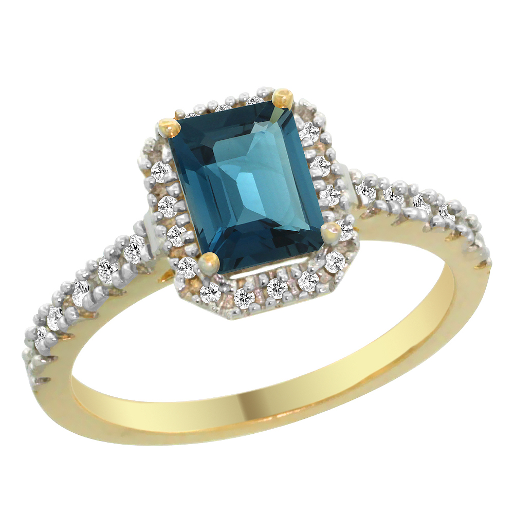 14K Yellow Gold Natural London Blue Topaz Engagement Ring Octagon 7x5 mm Diamond Accents, sizes 5 - 10