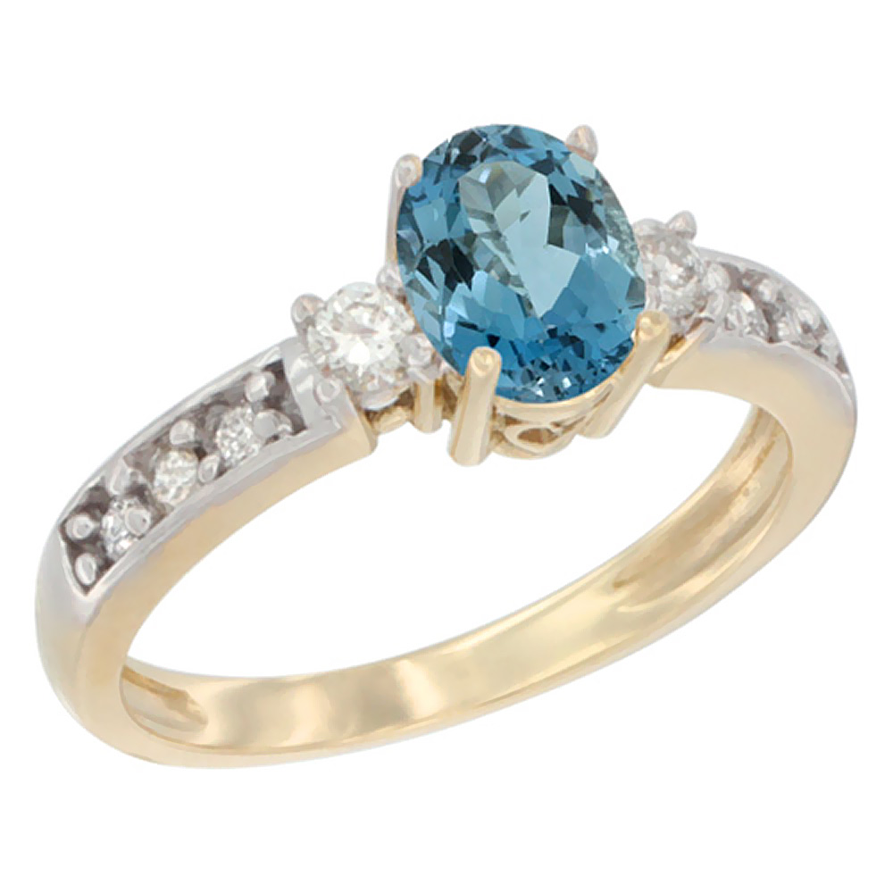 14K Yellow Gold Natural London Blue Topaz Ring Oval 7x5 mm Diamond Accent, sizes 5 - 10