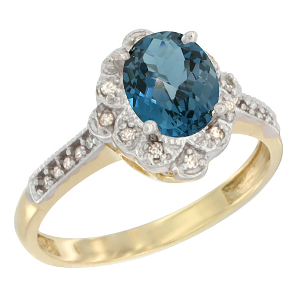 14K Yellow Gold Natural London Blue Topaz Ring Oval 8x6 mm Floral Diamond Halo, sizes 5 - 10