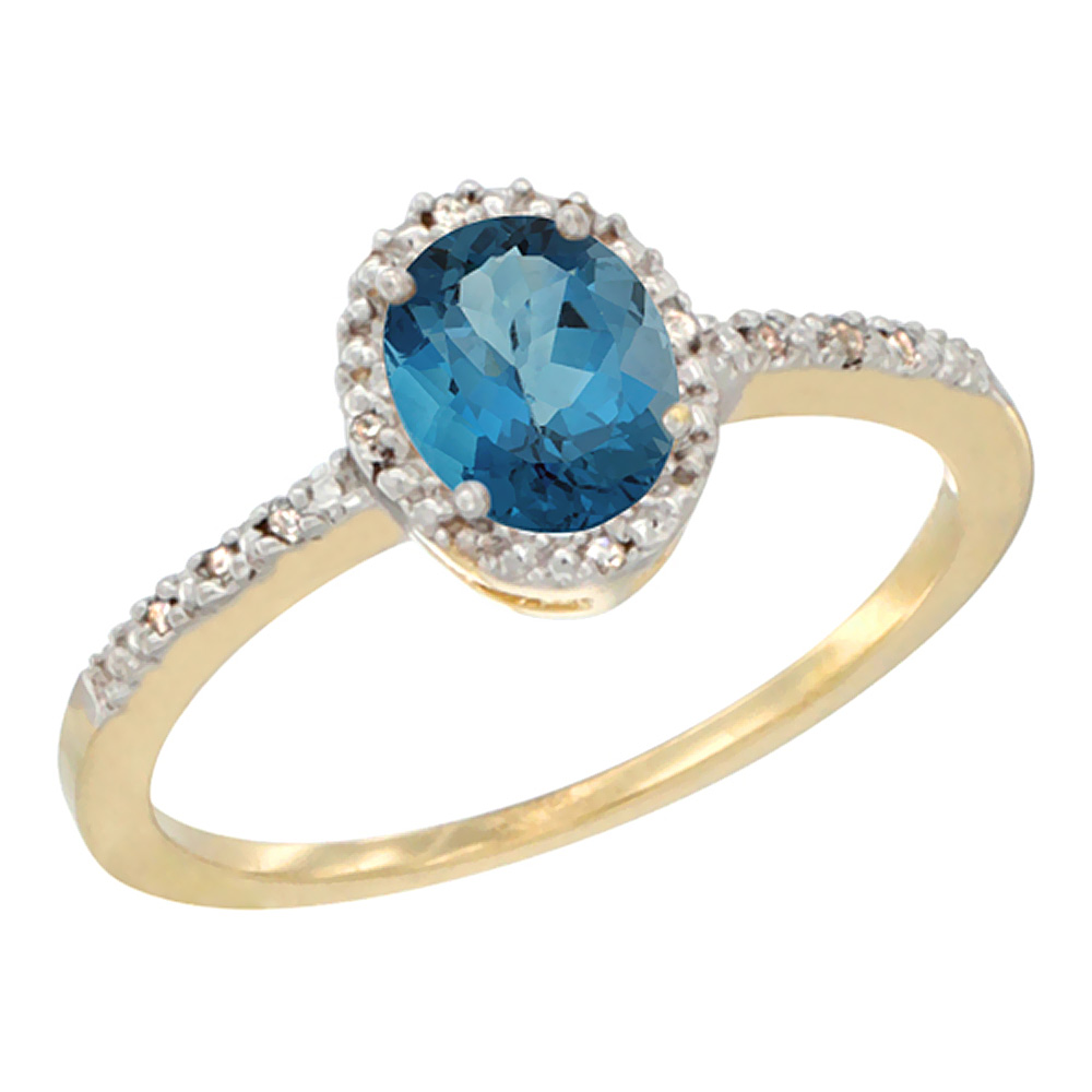 14K Yellow Gold Diamond Natural London Blue Topaz Engagement Ring Oval 7x5 mm, sizes 5 - 10