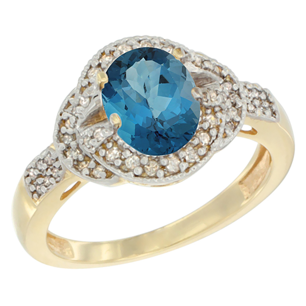 14K Yellow Gold Natural London Blue Topaz Ring Oval 8x6 mm Diamond Accent, sizes 5 - 10