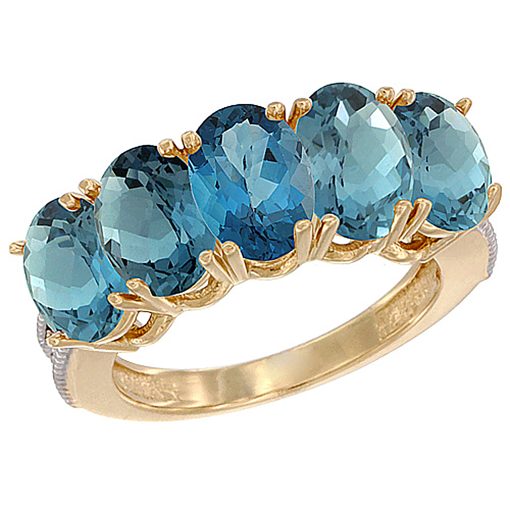 14K Yellow Gold Natural London Blue Topaz 1 ct. Oval 7x5mm 5-Stone Mother's Ring with Diamond Accents, sizes 5 to 10 with half sizes
