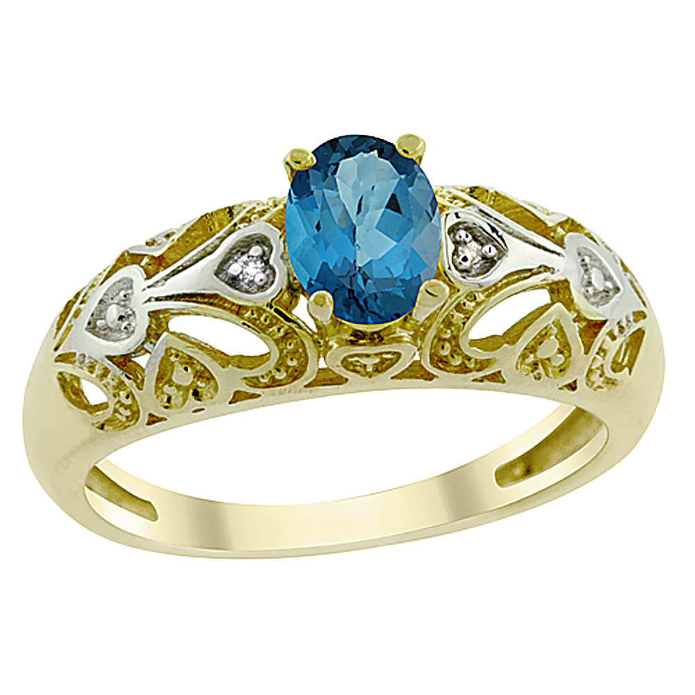 14K Yellow Gold Natural London Blue Topaz Ring Oval 6x4 mm Diamond Accent, sizes 5 - 10