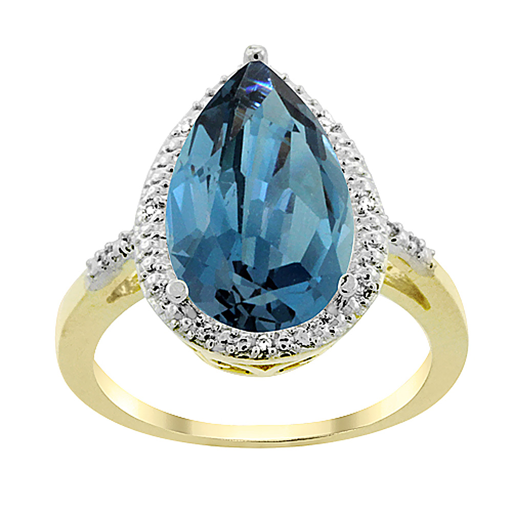 14K Yellow Gold Natural London Blue Topaz Ring Pear Shape 10x15 mm Diamond Accent, sizes 5 - 10