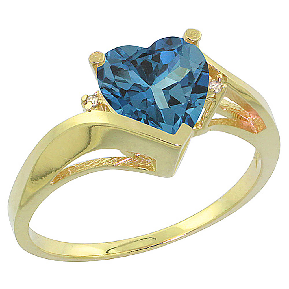 14K Yellow Gold Natural London Blue Topaz Heart Ring 7mm Diamond Accent, sizes 5 - 10