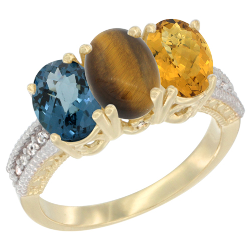 10K Yellow Gold Diamond Natural London Blue Topaz, Tiger Eye & Whisky Quartz Ring 3-Stone Oval 7x5 mm, sizes 5 - 10