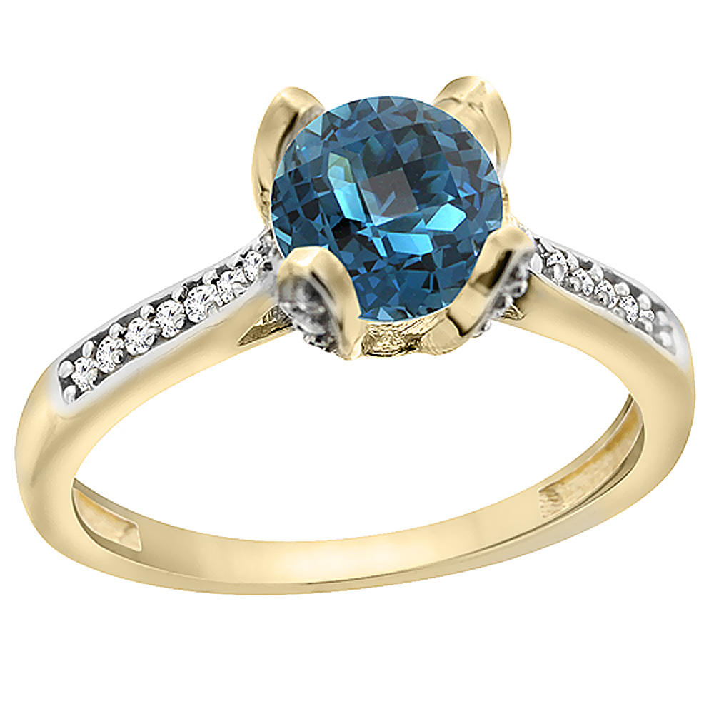 14K Yellow Gold Diamond Natural London Blue Topaz Engagement Ring Round 7mm, sizes 5to10 w/half size