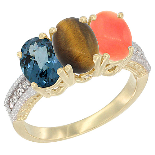 10K Yellow Gold Diamond Natural London Blue Topaz, Tiger Eye & Coral Ring 3-Stone Oval 7x5 mm, sizes 5 - 10