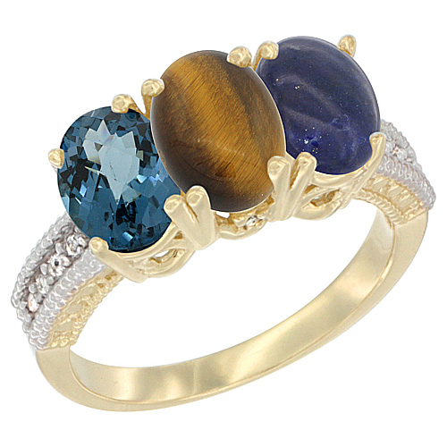 10K Yellow Gold Diamond Natural London Blue Topaz, Tiger Eye & Lapis Ring 3-Stone Oval 7x5 mm, sizes 5 - 10