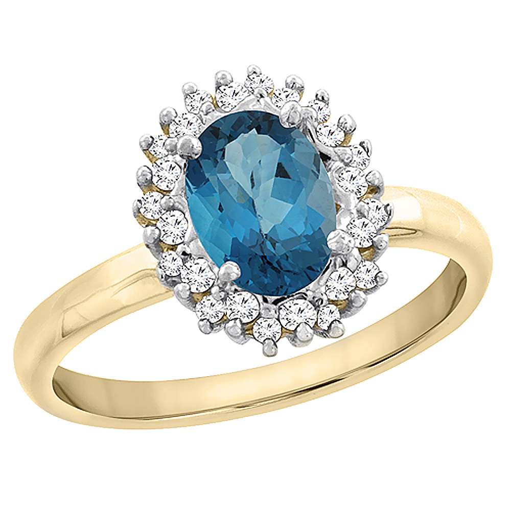 14K Yellow Gold Diamond Natural London Blue Topaz Engagement Ring Oval 7x5mm, sizes 5 - 10