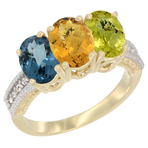 10K Yellow Gold Diamond Natural London Blue Topaz, Whisky Quartz & Lemon Quartz Ring 3-Stone Oval 7x5 mm, sizes 5 - 10
