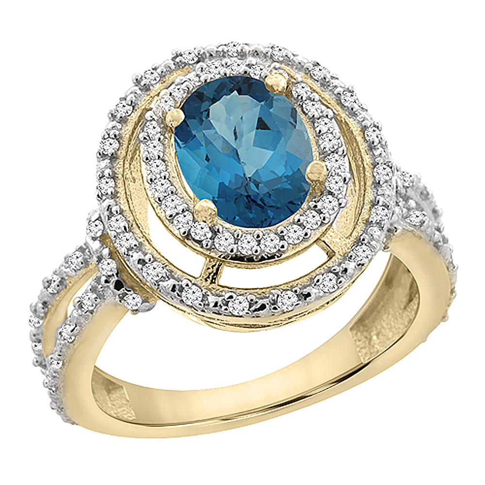 14K Yellow Gold Natural London Blue Topaz Ring Oval 8x6 mm Double Halo Diamond, sizes 5 - 10