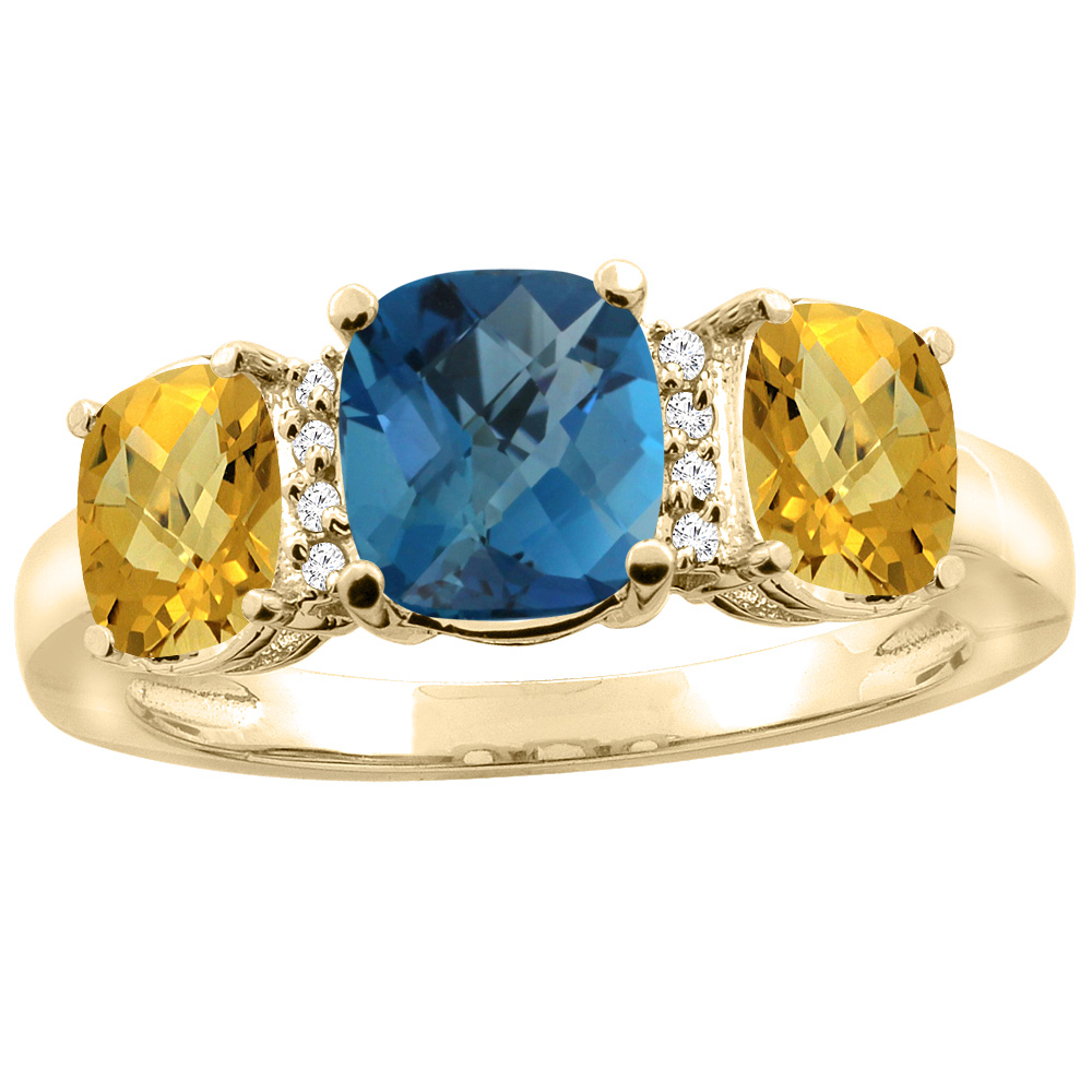 10K Yellow Gold Natural London Blue Topaz & Whisky Quartz 3-stone Ring Cushion 8x6mm Diamond Accent, sizes 5 - 10