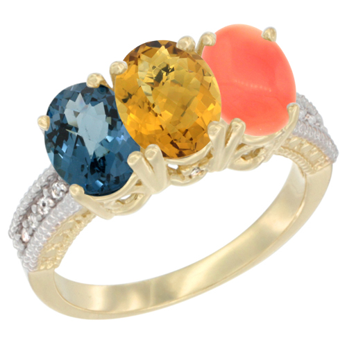 10K Yellow Gold Diamond Natural London Blue Topaz, Whisky Quartz & Coral Ring 3-Stone Oval 7x5 mm, sizes 5 - 10