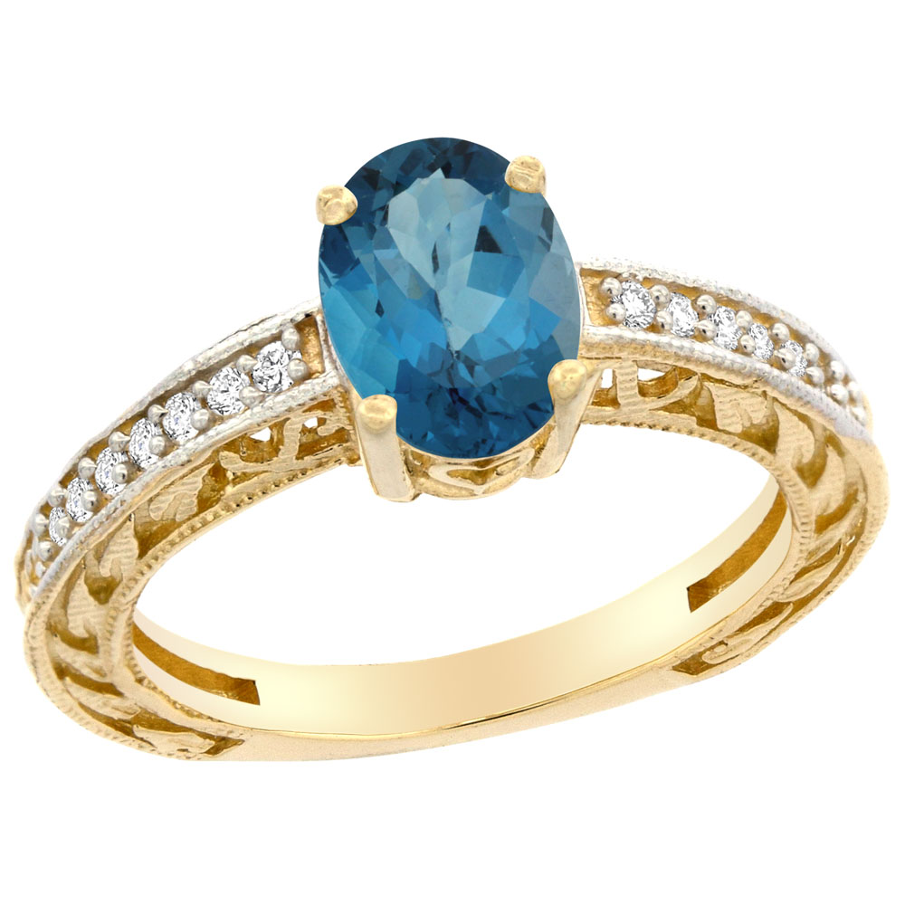 14K Gold Natural London Blue Topaz Ring Oval 8x6 mm Diamond Accents, sizes 5 - 10