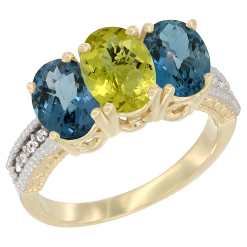 10K Yellow Gold Diamond Natural Lemon Quartz & London Blue Topaz Ring 3-Stone Oval 7x5 mm, sizes 5 - 10