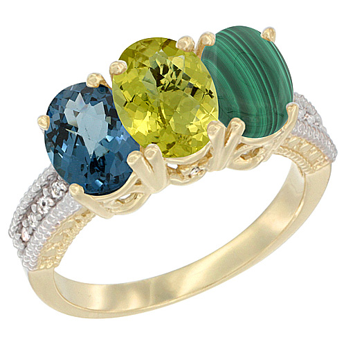 10K Yellow Gold Diamond Natural London Blue Topaz, Lemon Quartz & Malachite Ring 3-Stone Oval 7x5 mm, sizes 5 - 10