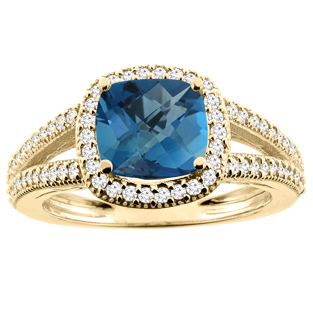 10K Yellow Gold Natural London Blue Topaz Ring Cushion 7x7mm Diamond Accent 3/8 inch wide, sizes 5 - 10