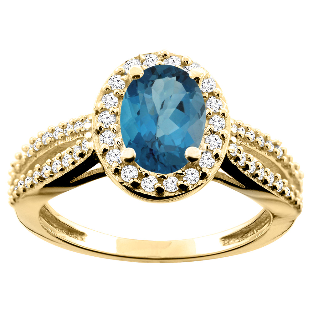 14K White/Yellow/Rose Gold Natural London Blue Topaz Ring Oval 8x6mm Diamond Accent, size 5