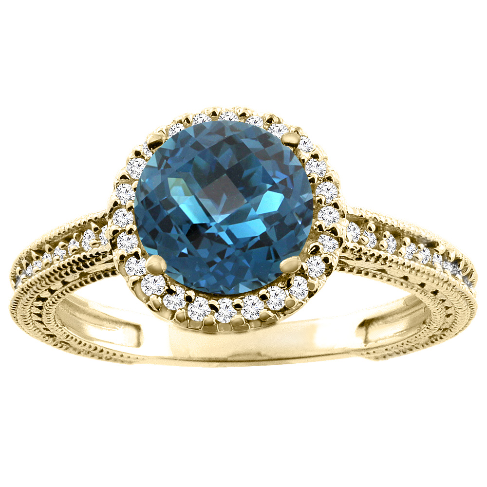 14K White/Yellow/Rose Gold Natural London Blue Topaz Ring Round 7mm Diamond Accent, sizes 5 - 10
