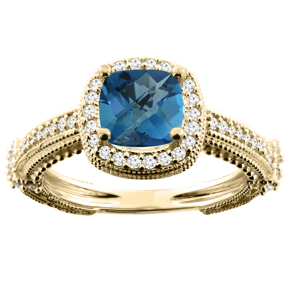 14K White/Yellow/Rose Gold Natural London Blue Topaz Ring Cushion 7x7mm Diamond Accent, sizes 5 - 10
